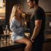 Lucia sits on a kitchen counter in an oversized shirt while Lucas stands close beside her in a black T-shirt.