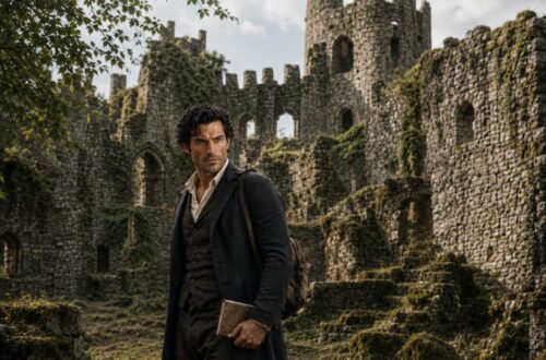Aiden standing among the overgrown stone ruins of an old castle with a book in his hand