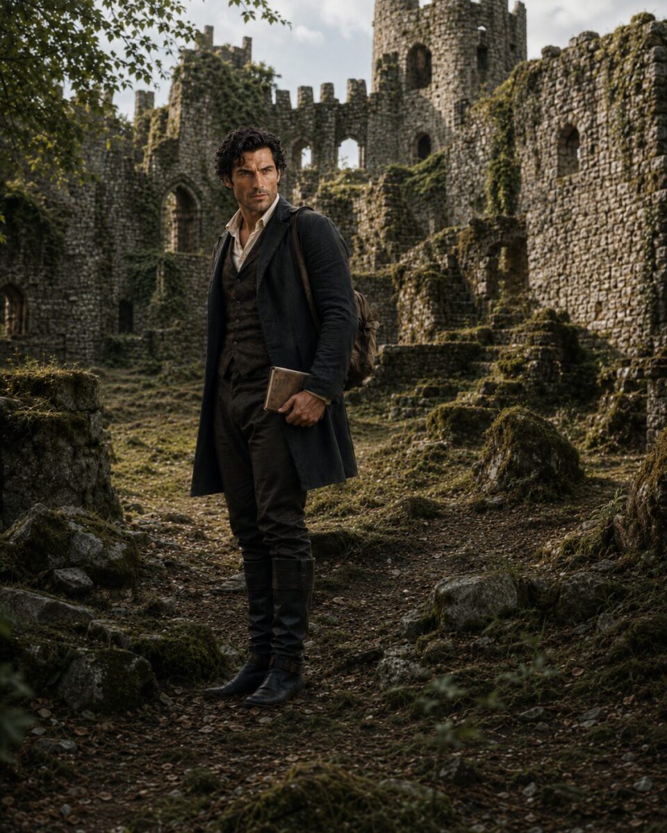 Aiden standing among the overgrown stone ruins of an old castle with a book in his hand