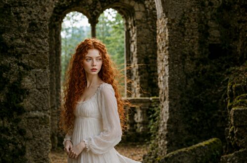 Tess with long red curls in a flowing white dress standing inside ancient castle ruins