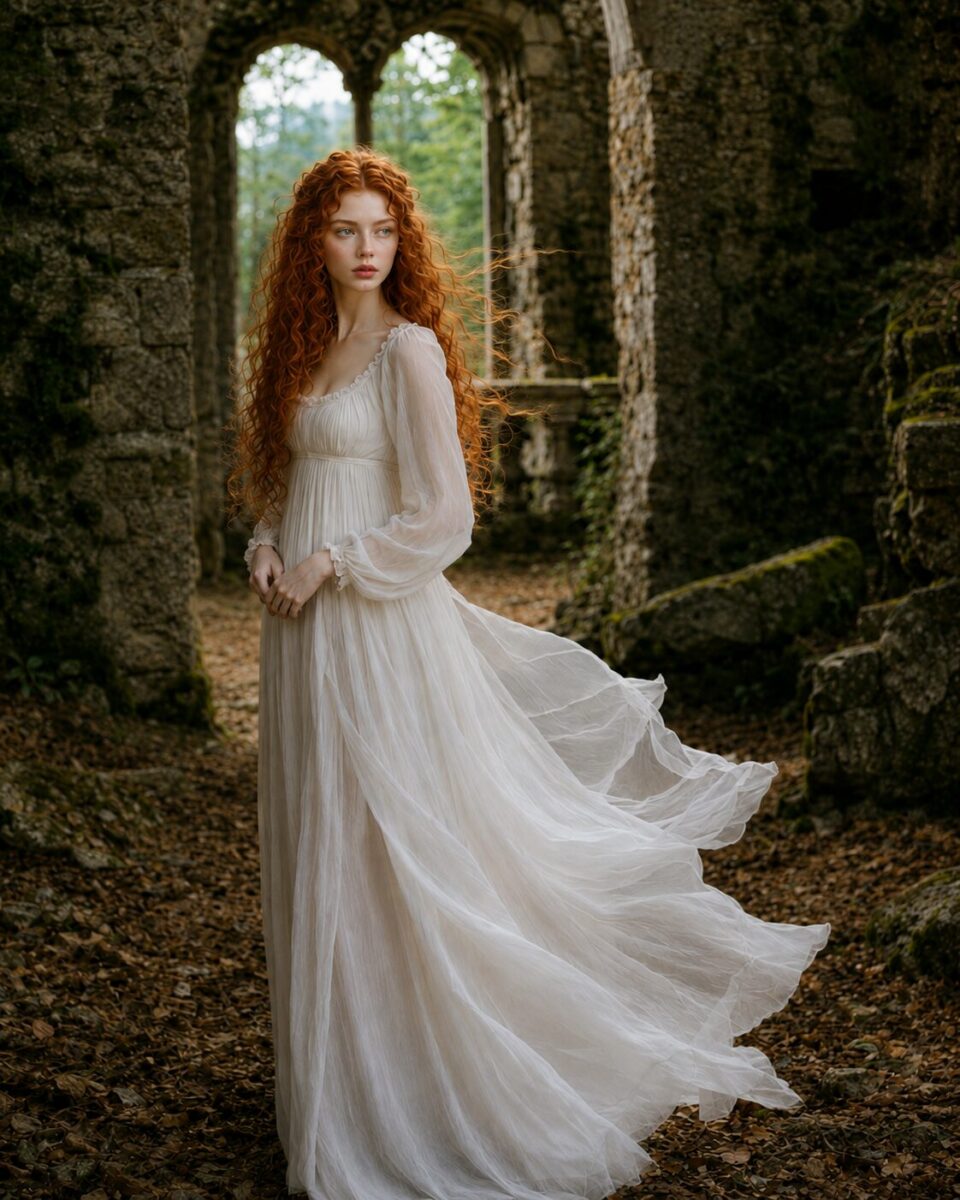 Tess with long red curls in a flowing white dress standing inside ancient castle ruins