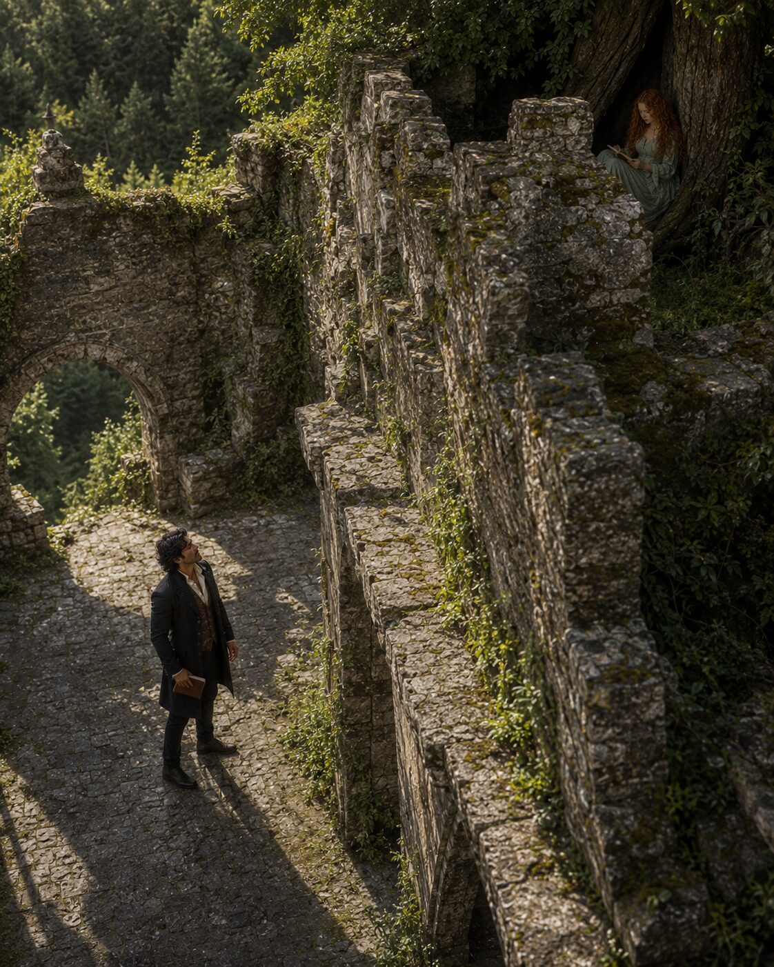 Aiden looking up at Tess as she sits reading beneath a tree above the castle ruins