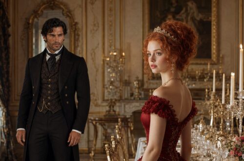 Tess in a red evening gown with Aiden behind her in an elegant candlelit dining room