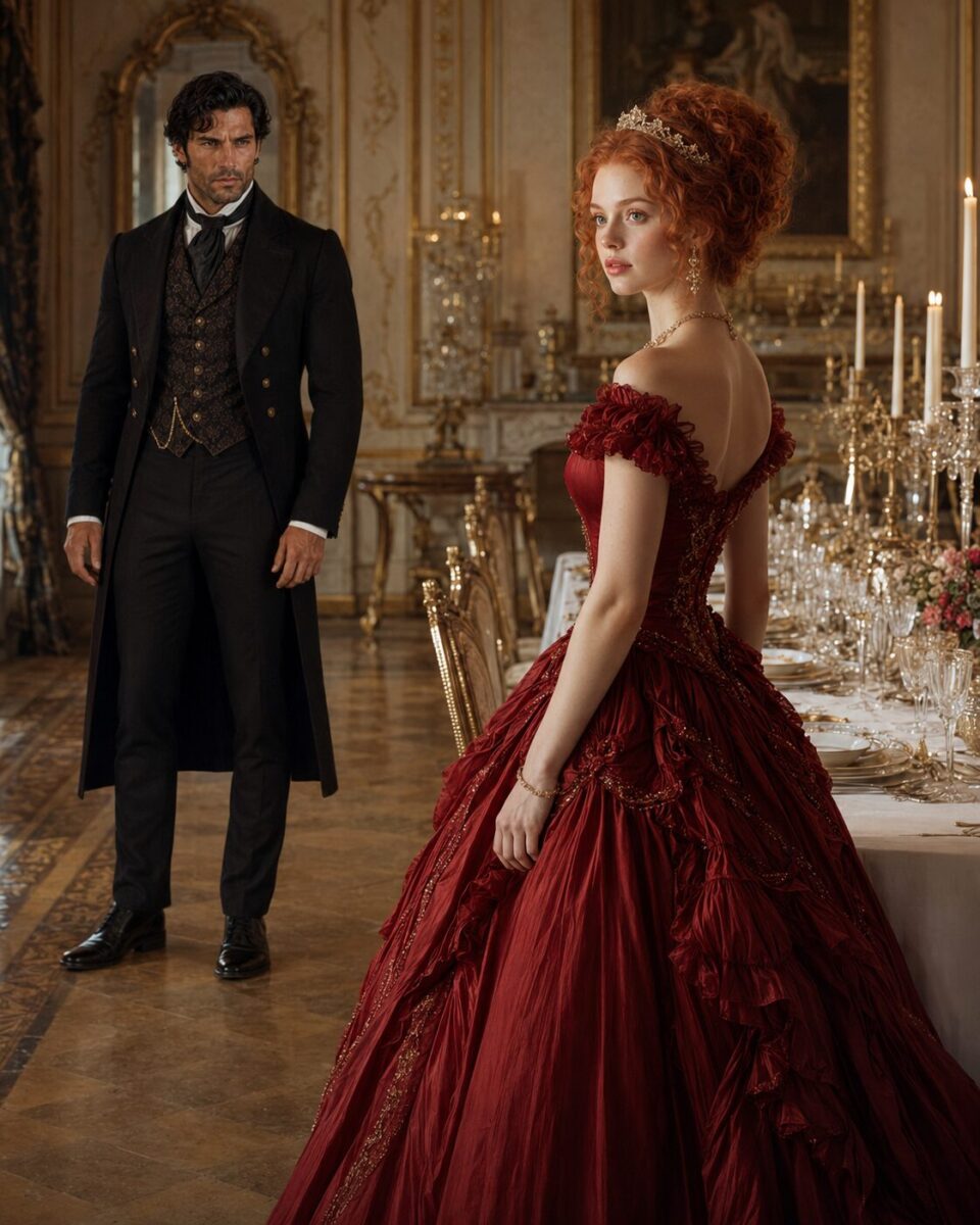 Tess in a red evening gown with Aiden behind her in an elegant candlelit dining room