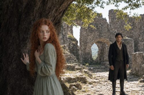 Nervous Tess standing against an old tree while Aiden watches her among the castle ruins