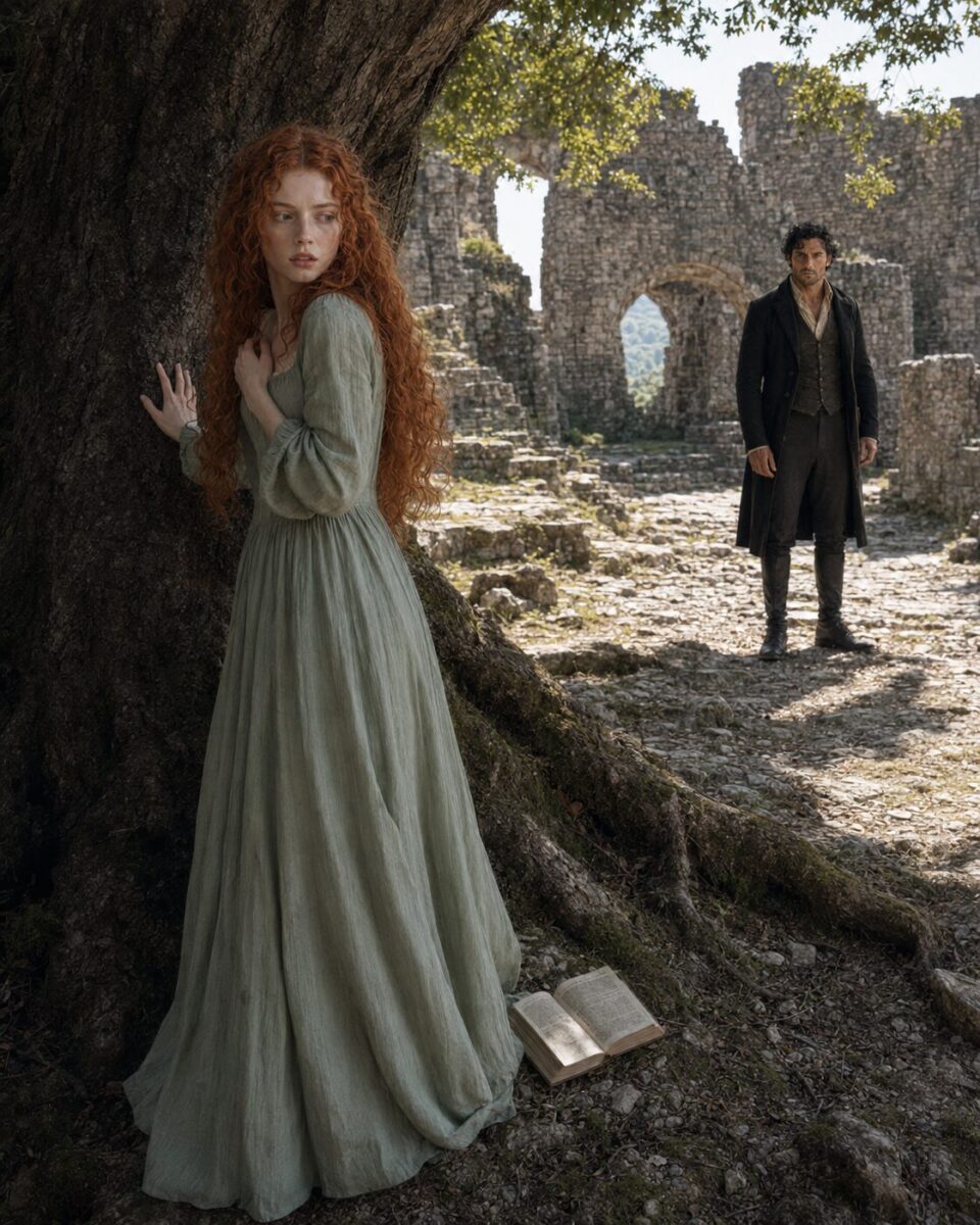 Nervous Tess standing against an old tree while Aiden watches her among the castle ruins
