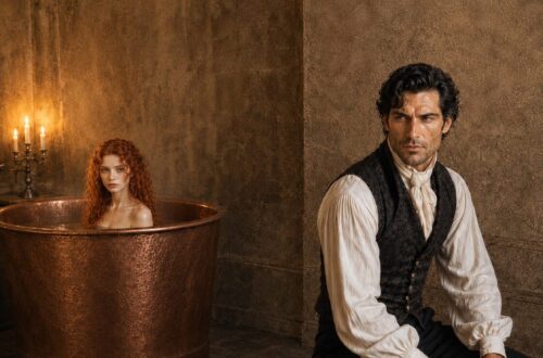 Tess sitting in a large copper bathtub while Aiden waits nearby on a wooden bench