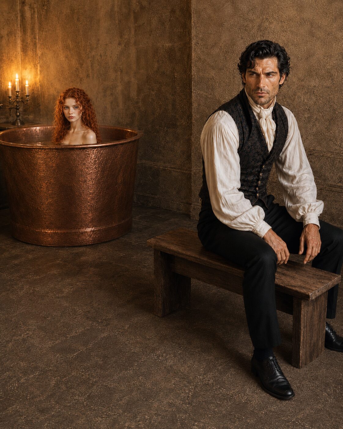 Tess sitting in a large copper bathtub while Aiden waits nearby on a wooden bench