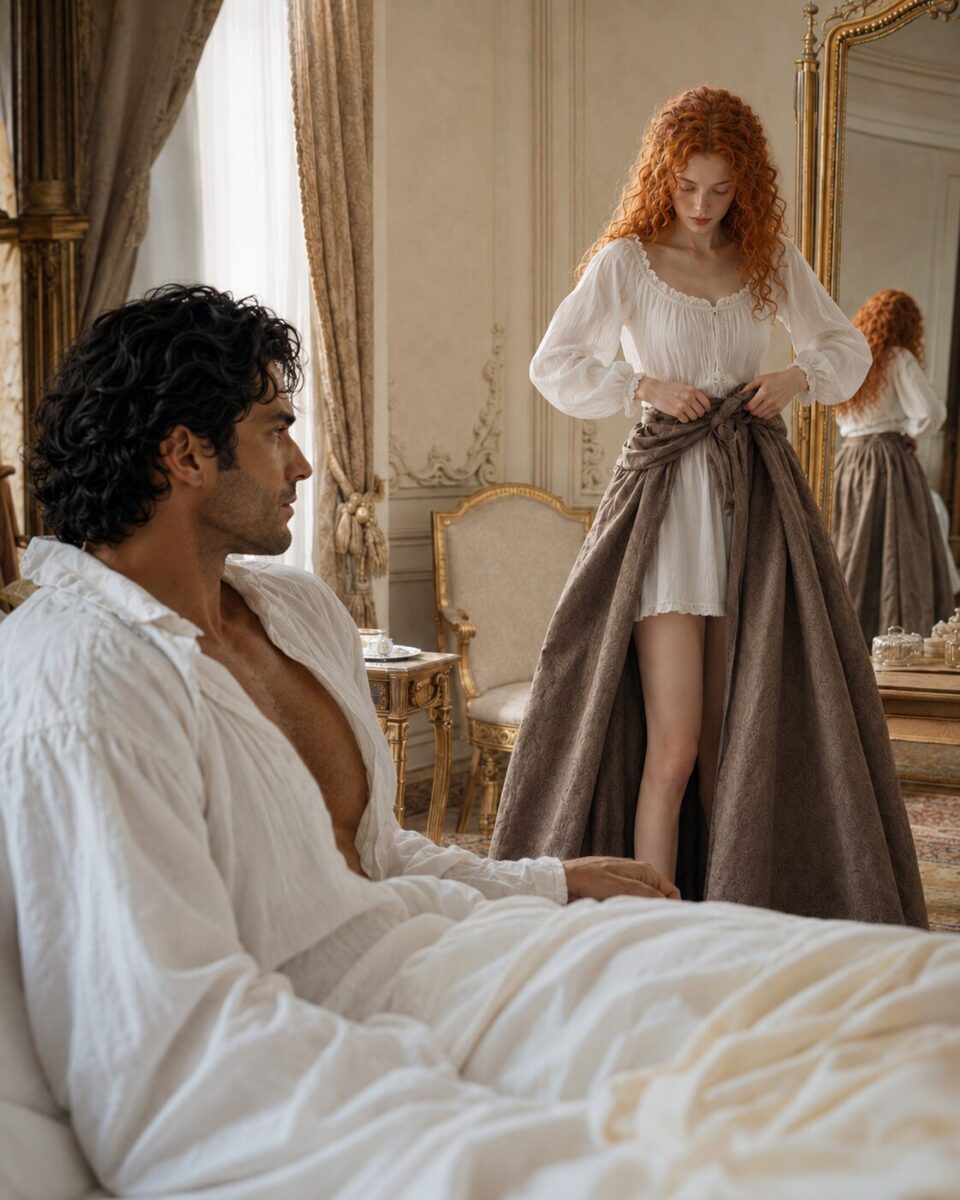 Tess struggling to fasten a long skirt while Aiden watches from their bed
