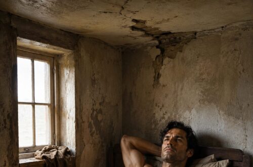 Shirtless Aiden lying on a simple bed in a rustic room beside a candle and glass of wine