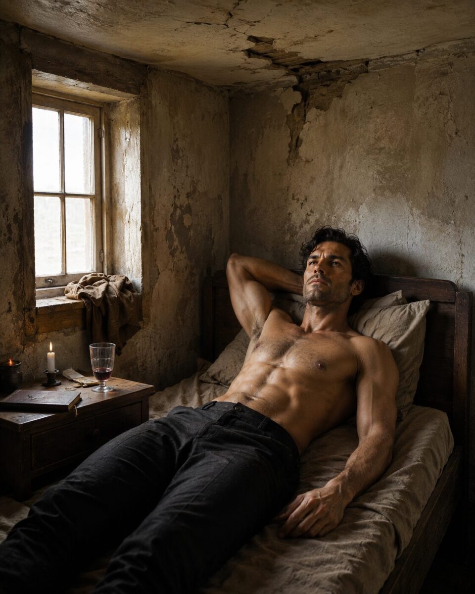 Shirtless Aiden lying on a simple bed in a rustic room beside a candle and glass of wine