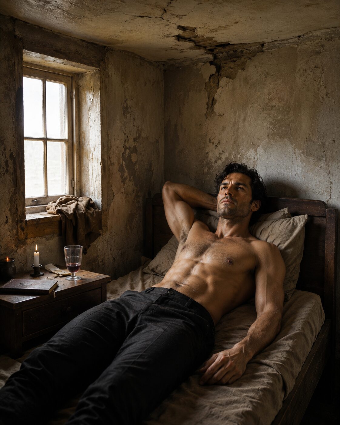 Shirtless Aiden lying on a simple bed in a rustic room beside a candle and glass of wine