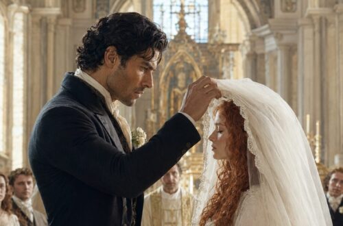 Aiden gently lifting Tess's bridal veil during their wedding ceremony inside a church
