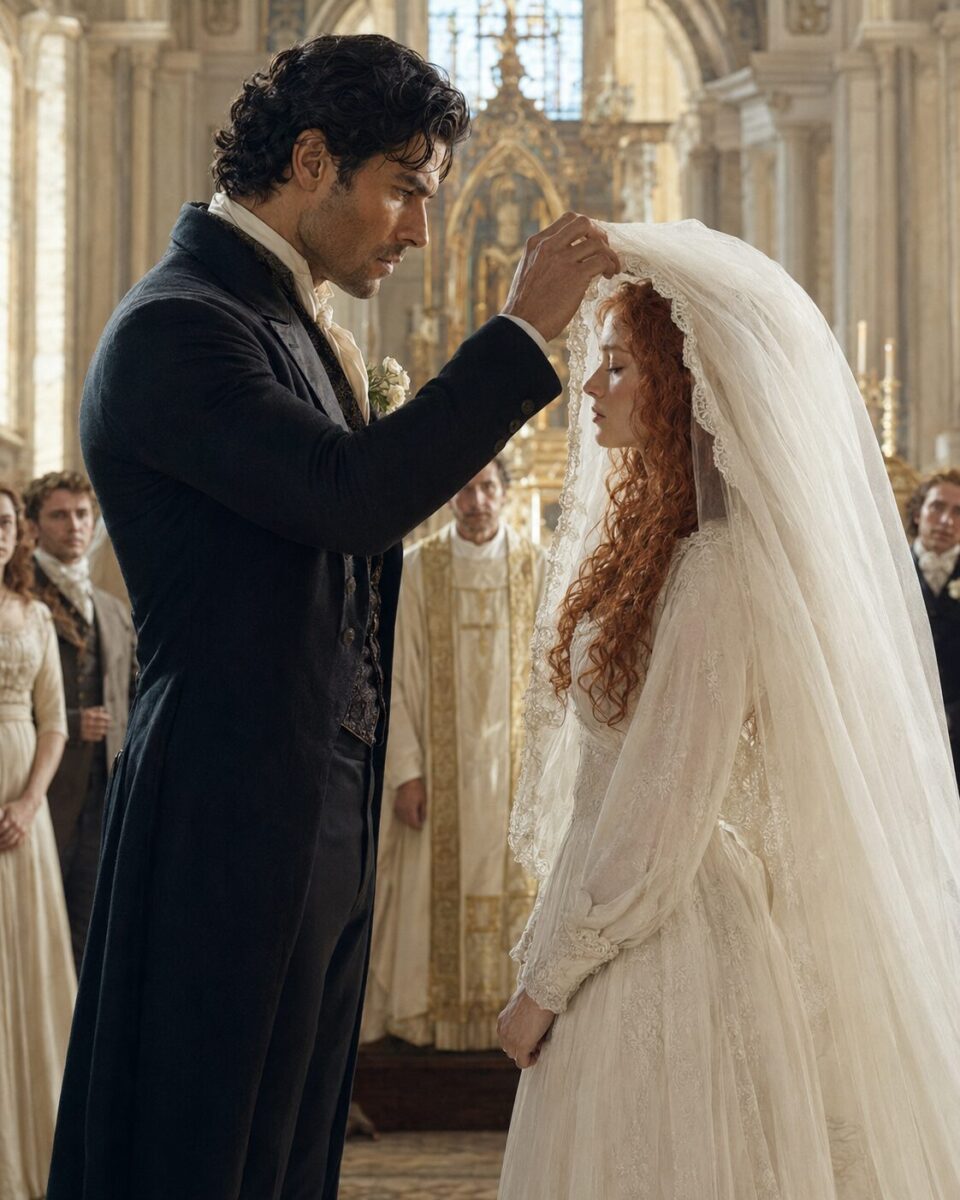 Aiden gently lifting Tess's bridal veil during their wedding ceremony inside a church
