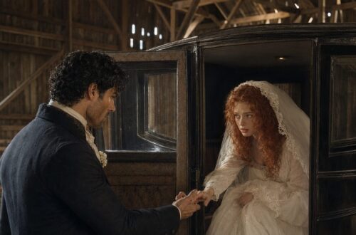 Aiden helping nervous bride Tess step out of a dark carriage after their wedding