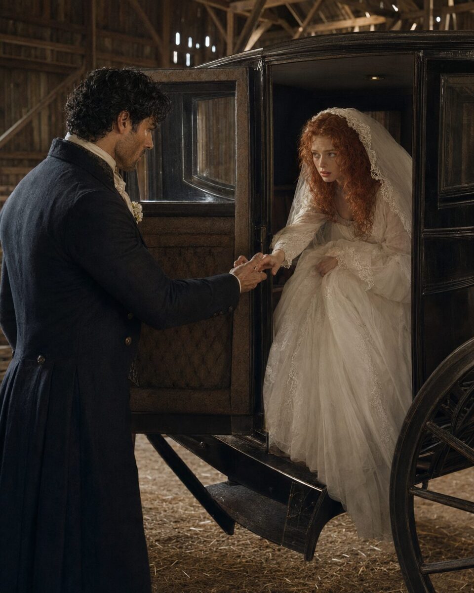 Aiden helping nervous bride Tess step out of a dark carriage after their wedding