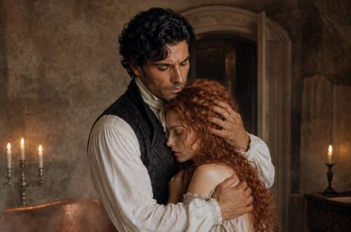 Aiden holding Tess protectively in his arms beside a copper bathtub in their private room