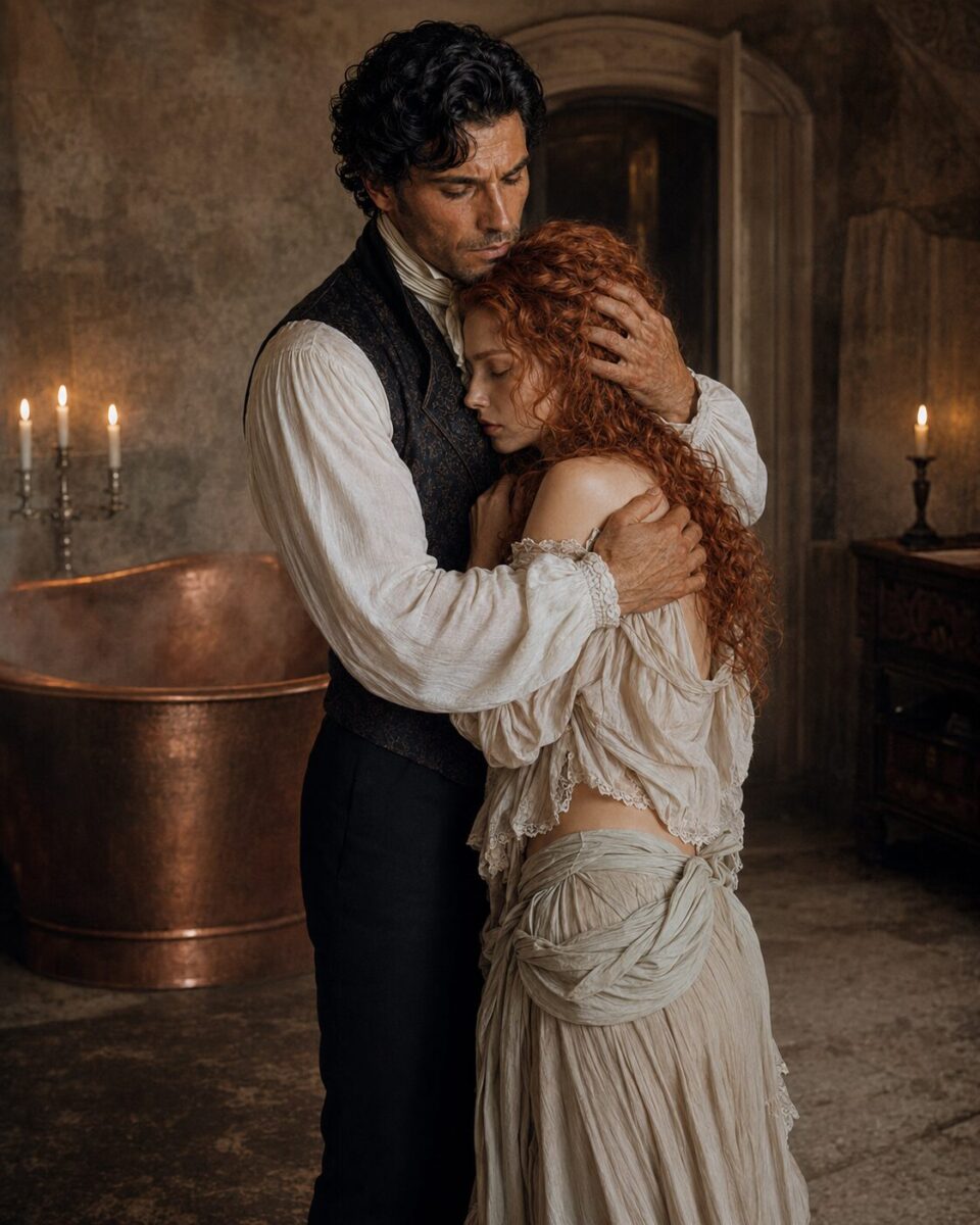 Aiden holding Tess protectively in his arms beside a copper bathtub in their private room