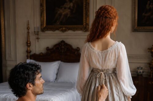 Shirtless Aiden fastening the back of Tess's long skirt as she stands beside their bed