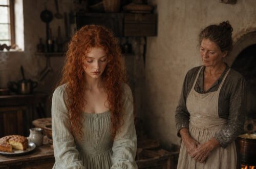 Tess kneading dough at a flour-covered kitchen table while an older woman watches