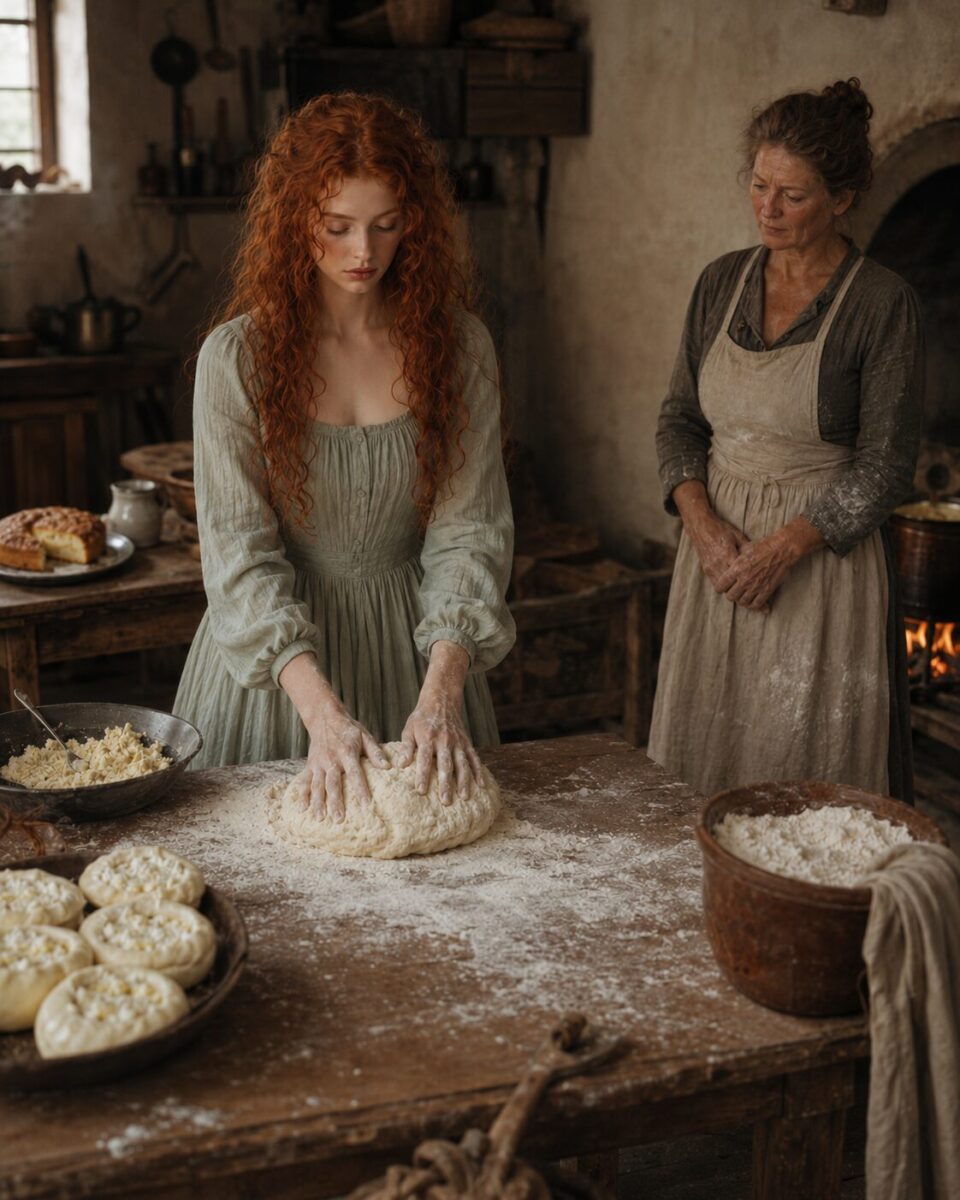 Tess kneading dough at a flour-covered kitchen table while an older woman watches