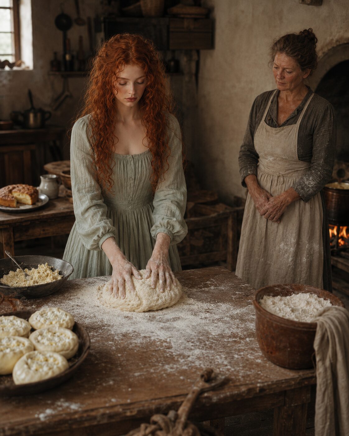 Tess kneading dough at a flour-covered kitchen table while an older woman watches