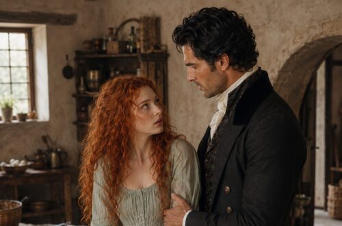 Aiden standing close to flour-covered Tess and holding her arm in the kitchen