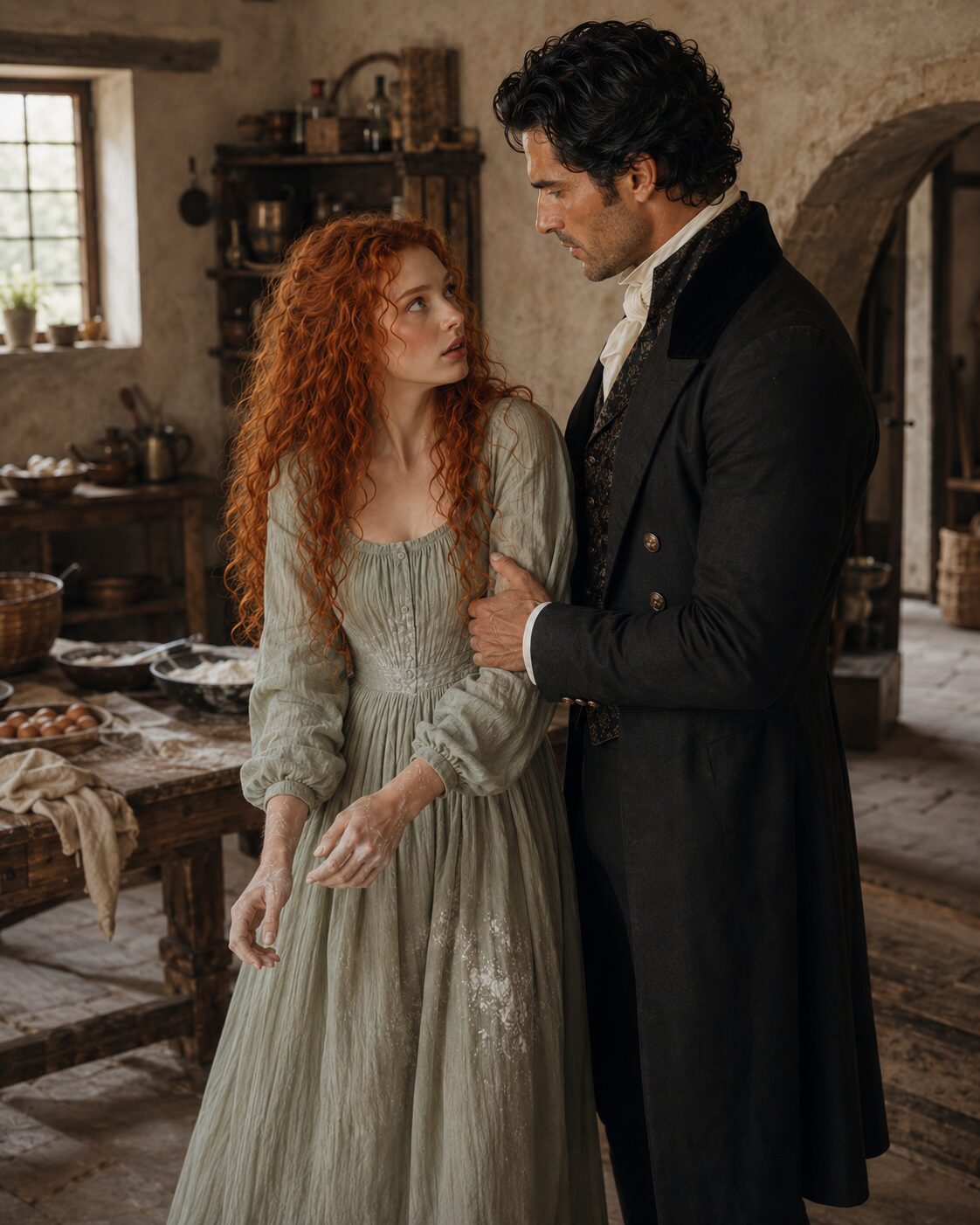 Aiden standing close to flour-covered Tess and holding her arm in the kitchen