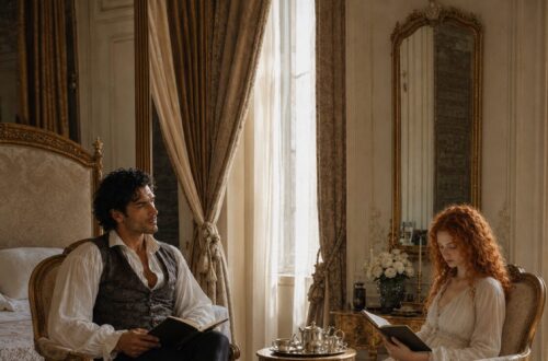 Aiden and Tess sitting opposite each other with books in an elegant sunlit bedroom