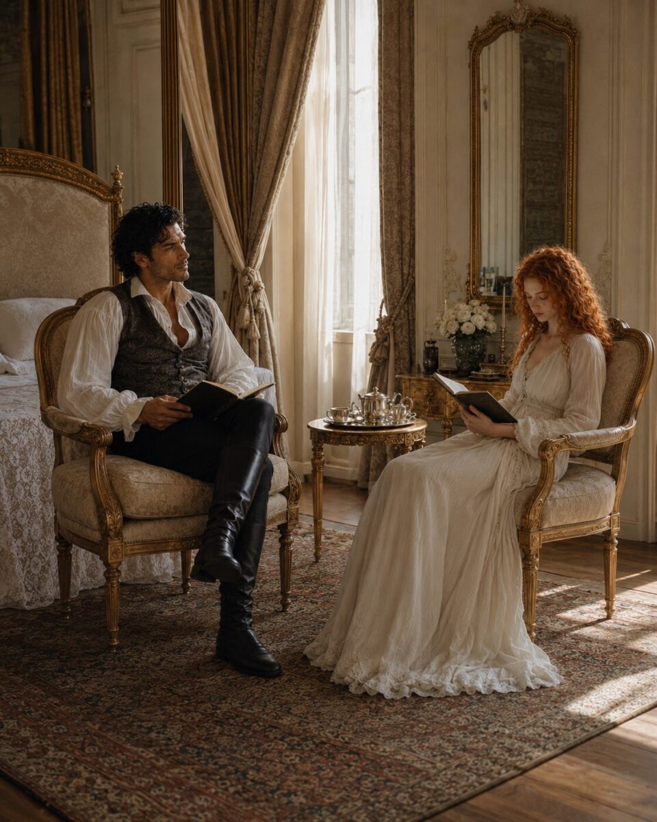 Aiden and Tess sitting opposite each other with books in an elegant sunlit bedroom