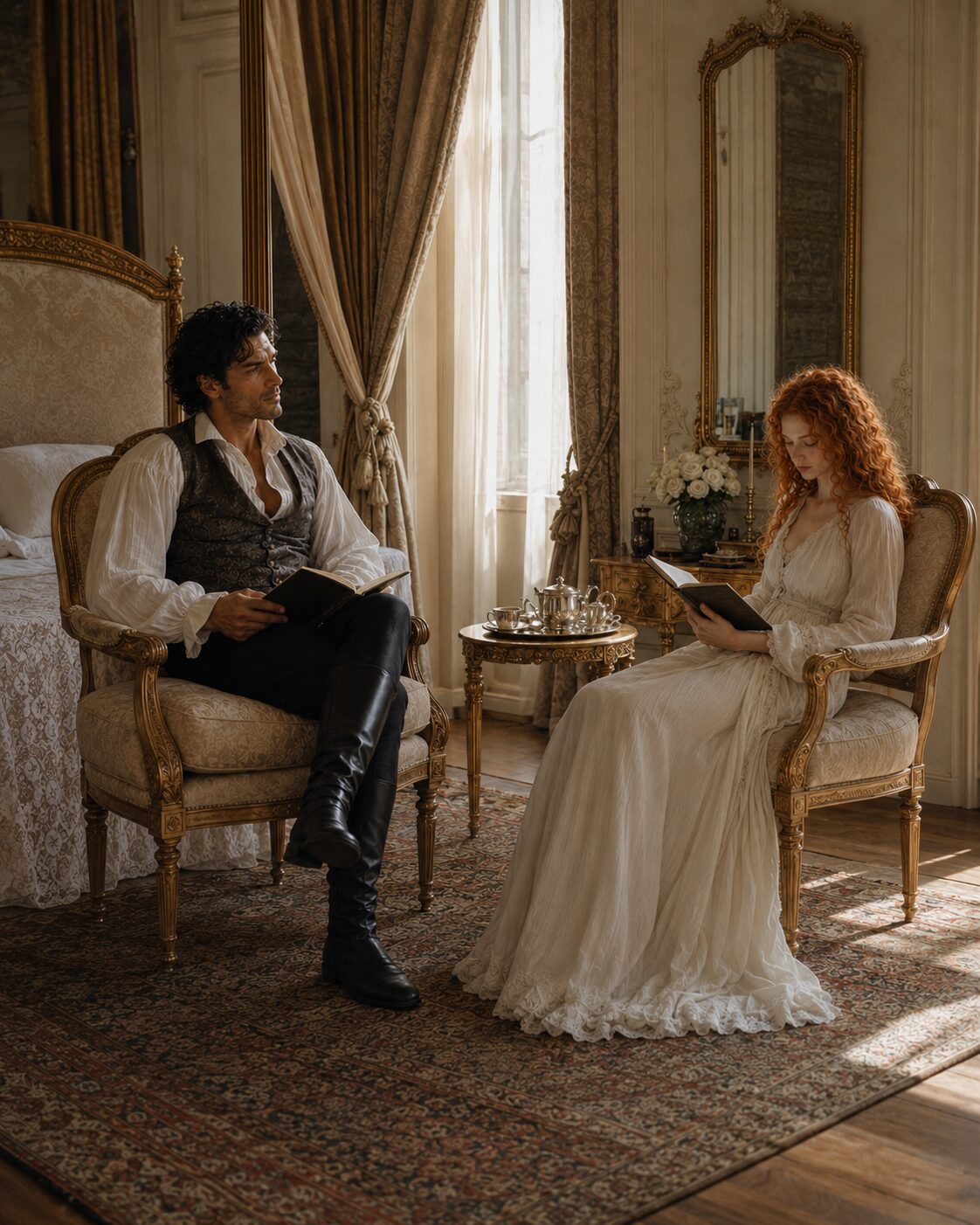 Aiden and Tess sitting opposite each other with books in an elegant sunlit bedroom