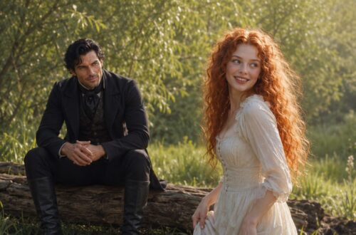 Smiling Tess wading barefoot through a shallow stream while Aiden watches from the bank