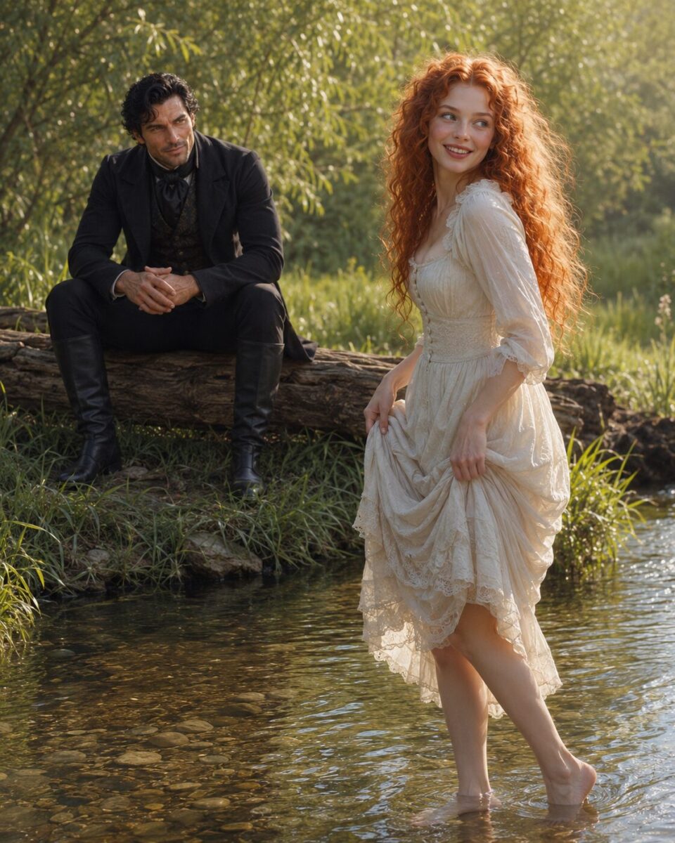 Smiling Tess wading barefoot through a shallow stream while Aiden watches from the bank