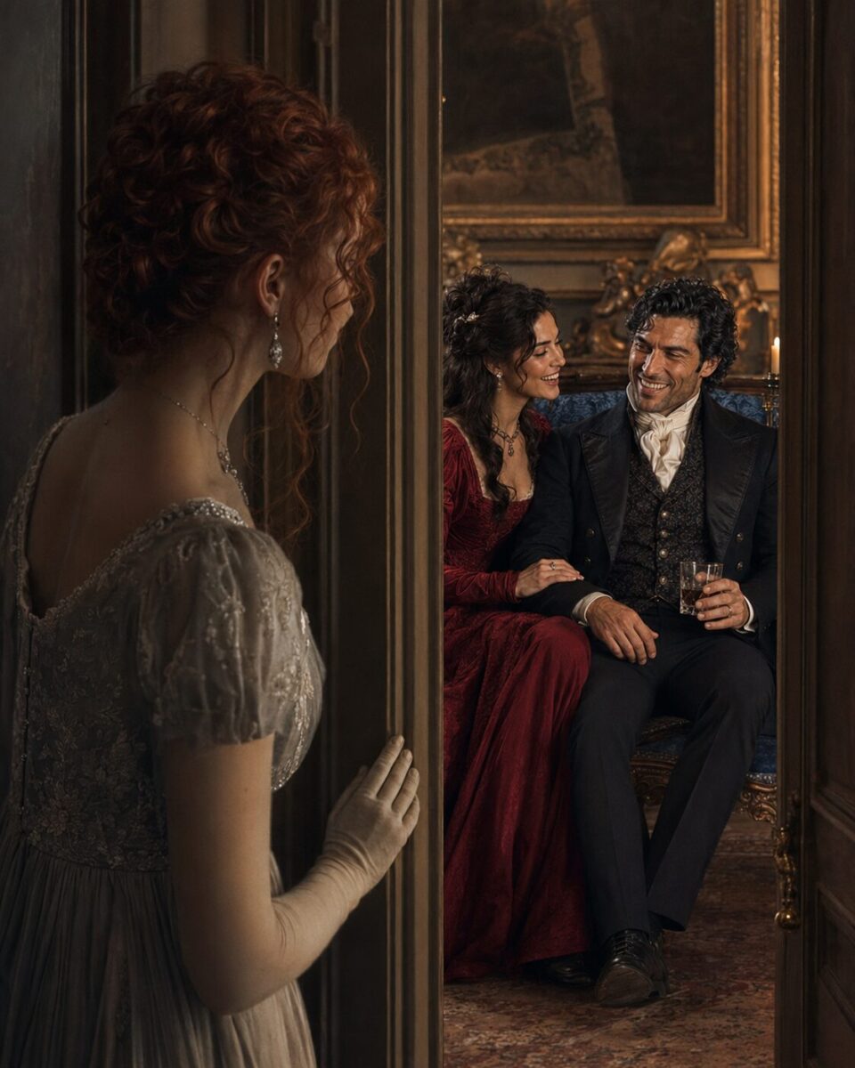 Tess watching from a doorway as Aiden laughs with an elegant dark-haired woman in red