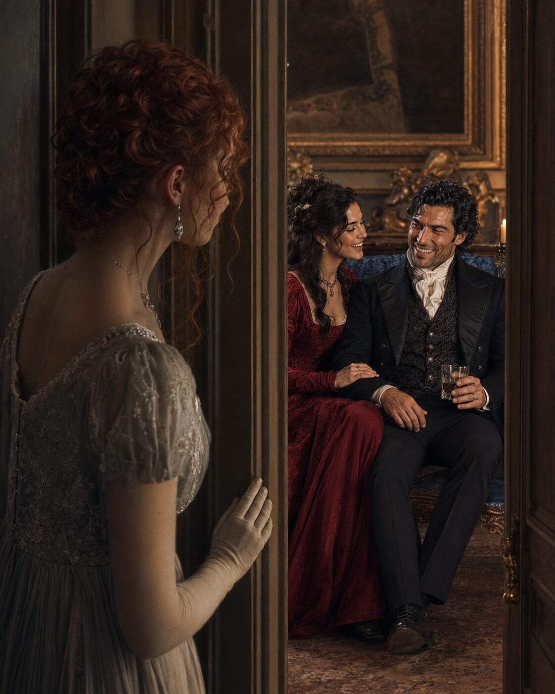 Tess watching from a doorway as Aiden laughs with an elegant dark-haired woman in red