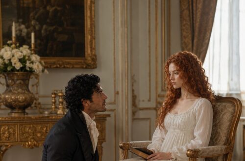 Aiden kneeling before Tess as she sits with a book in an ornate bedroom chair