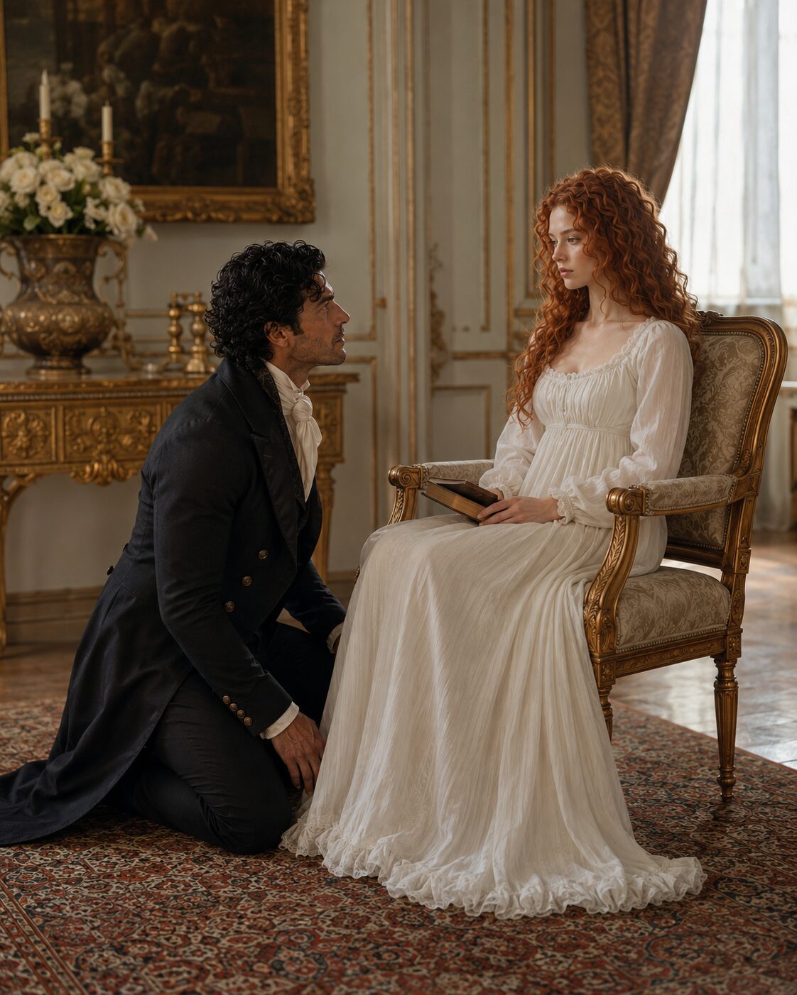Aiden kneeling before Tess as she sits with a book in an ornate bedroom chair