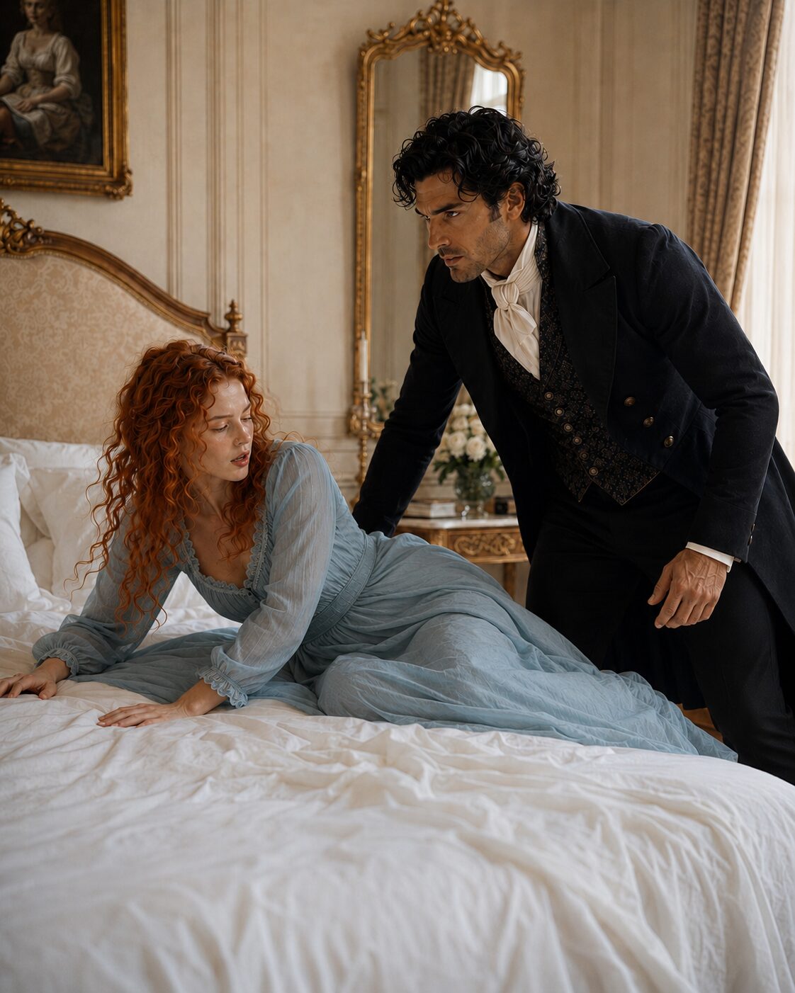 Aiden leaning over distressed Tess as she braces herself on a bed in a blue dress