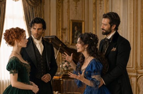 Tess and Aiden facing another elegantly dressed couple beside a grand piano