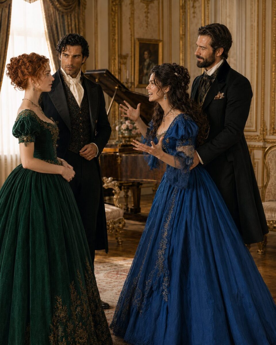 Tess and Aiden facing another elegantly dressed couple beside a grand piano