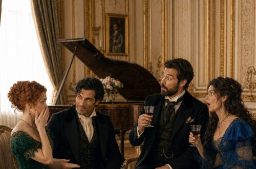 Tess, Aiden and two guests sharing wine and conversation in an elegant drawing room