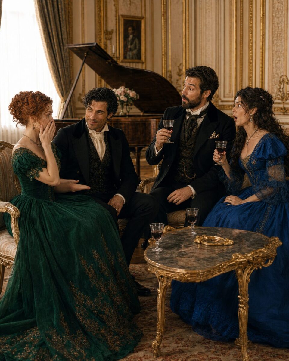 Tess, Aiden and two guests sharing wine and conversation in an elegant drawing room