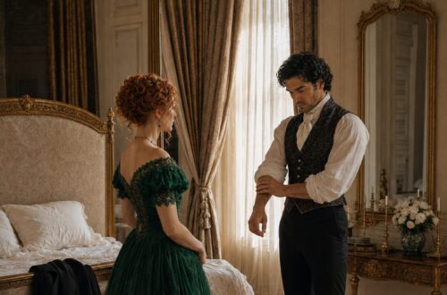 Tess in an emerald green gown facing Aiden as he rolls up his sleeves in their bedroom
