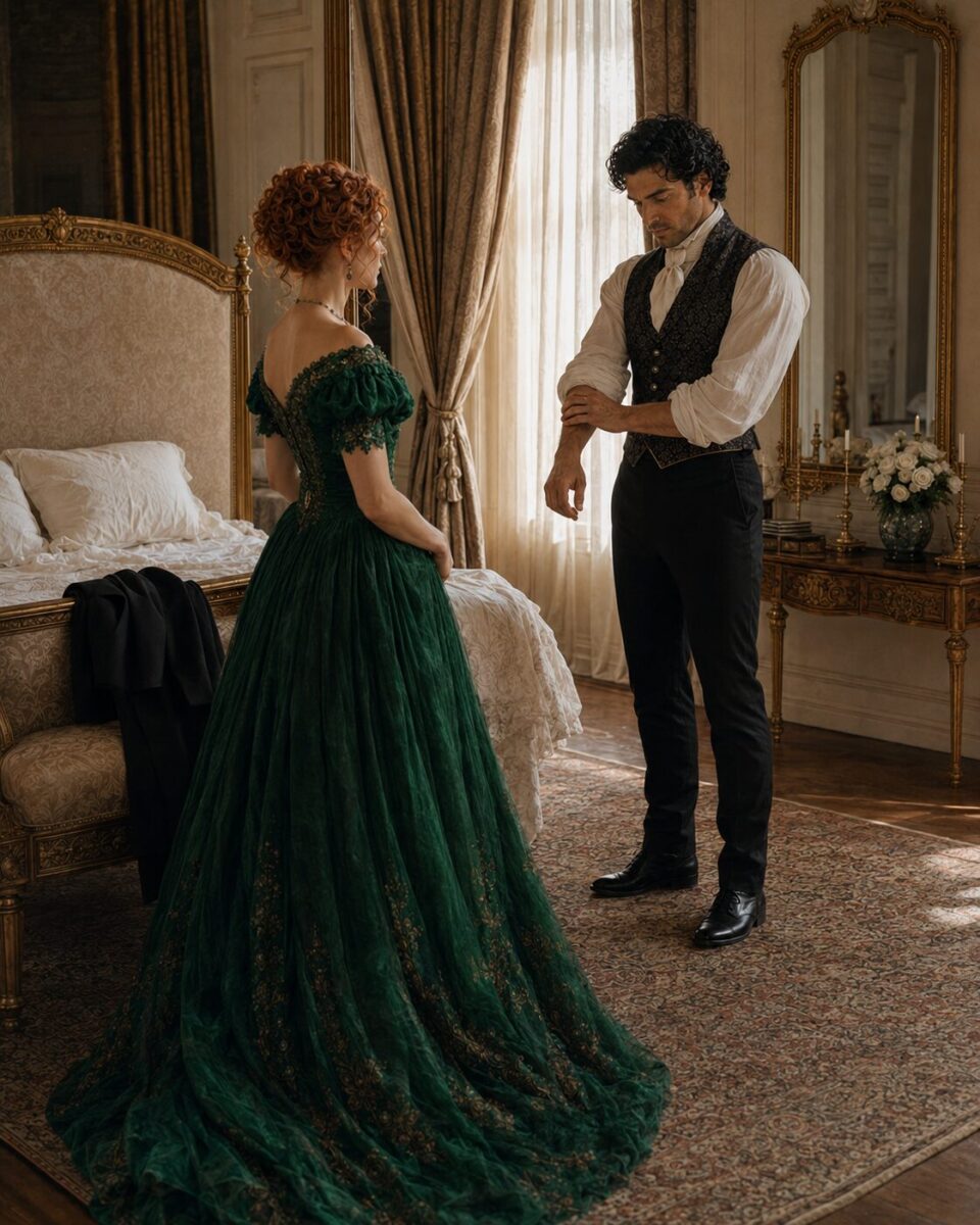 Tess in an emerald green gown facing Aiden as he rolls up his sleeves in their bedroom