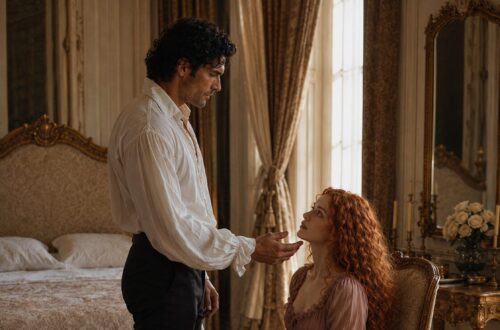 Aiden standing close to seated Tess and gently touching her chin in their bedroom