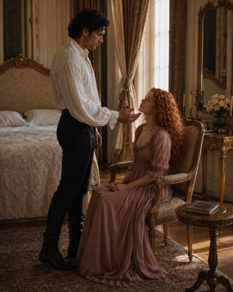 Aiden standing close to seated Tess and gently touching her chin in their bedroom