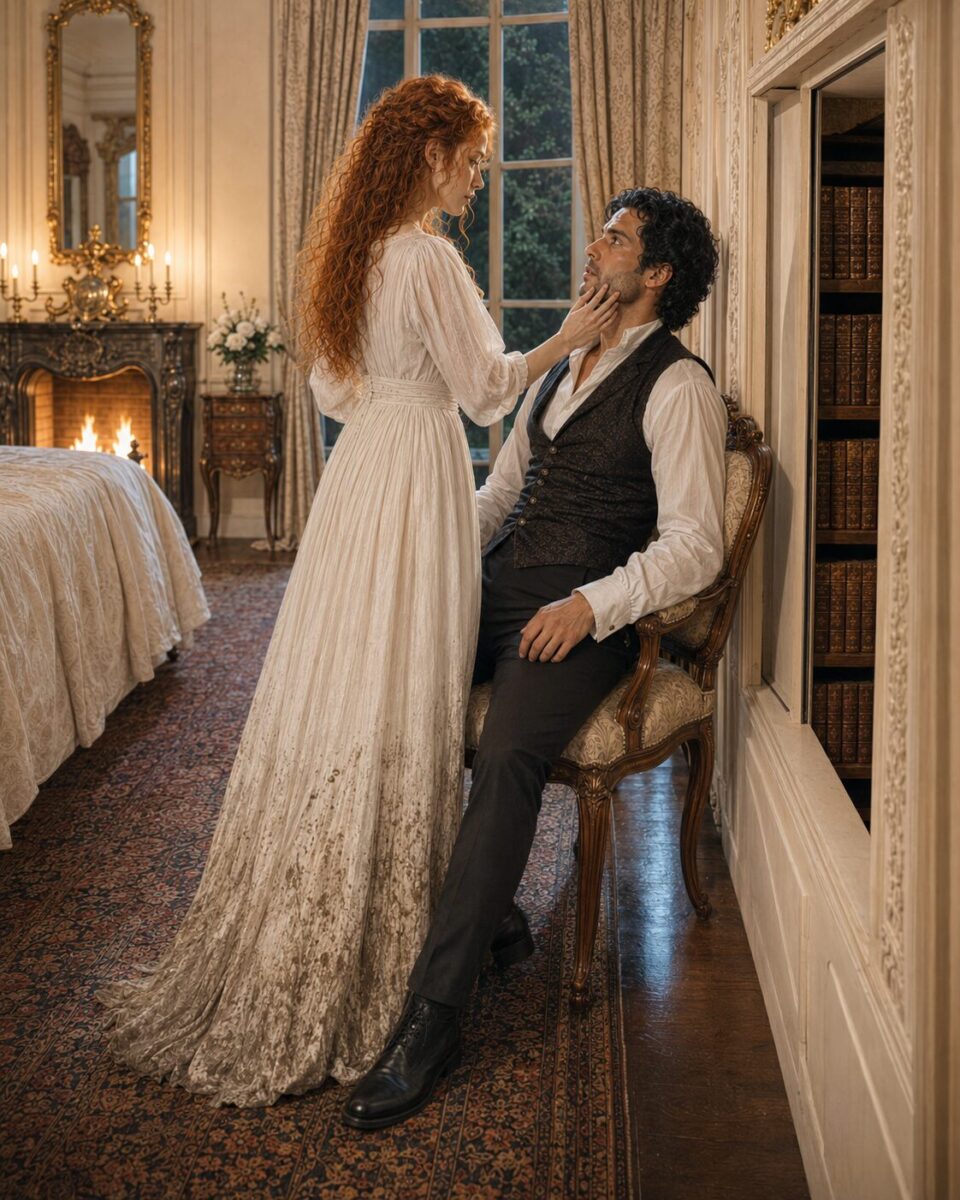 Tess standing close to seated Aiden and touching his face beside a hidden bookshelf doorway