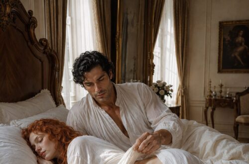 Concerned Aiden lifting the sheet to examine bruises on sleeping Tess's hip and thigh
