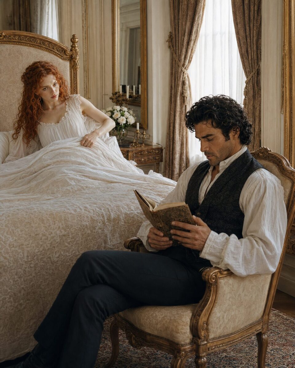 Tess watching Aiden from bed while he calmly reads a book in an armchair beside her