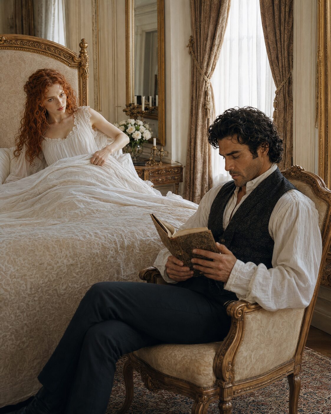 Tess watching Aiden from bed while he calmly reads a book in an armchair beside her